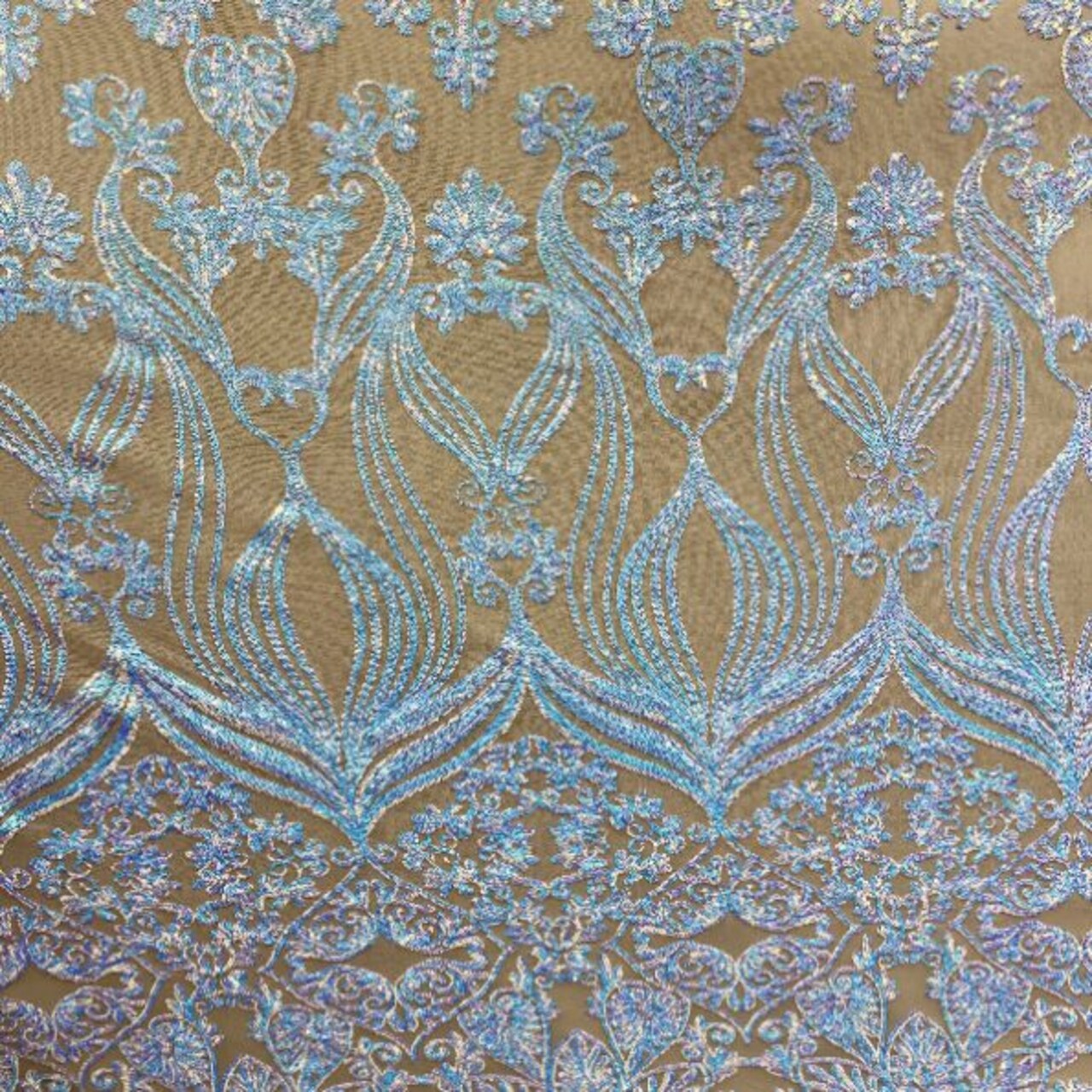 1 Yard Iridescent Blue Damask Lace Fabric Embroidered Mesh for Evening Gowns & Home Decor 48-50” Wide